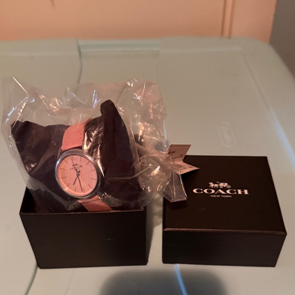 Coach Pink Dial Leather-Strap Watch